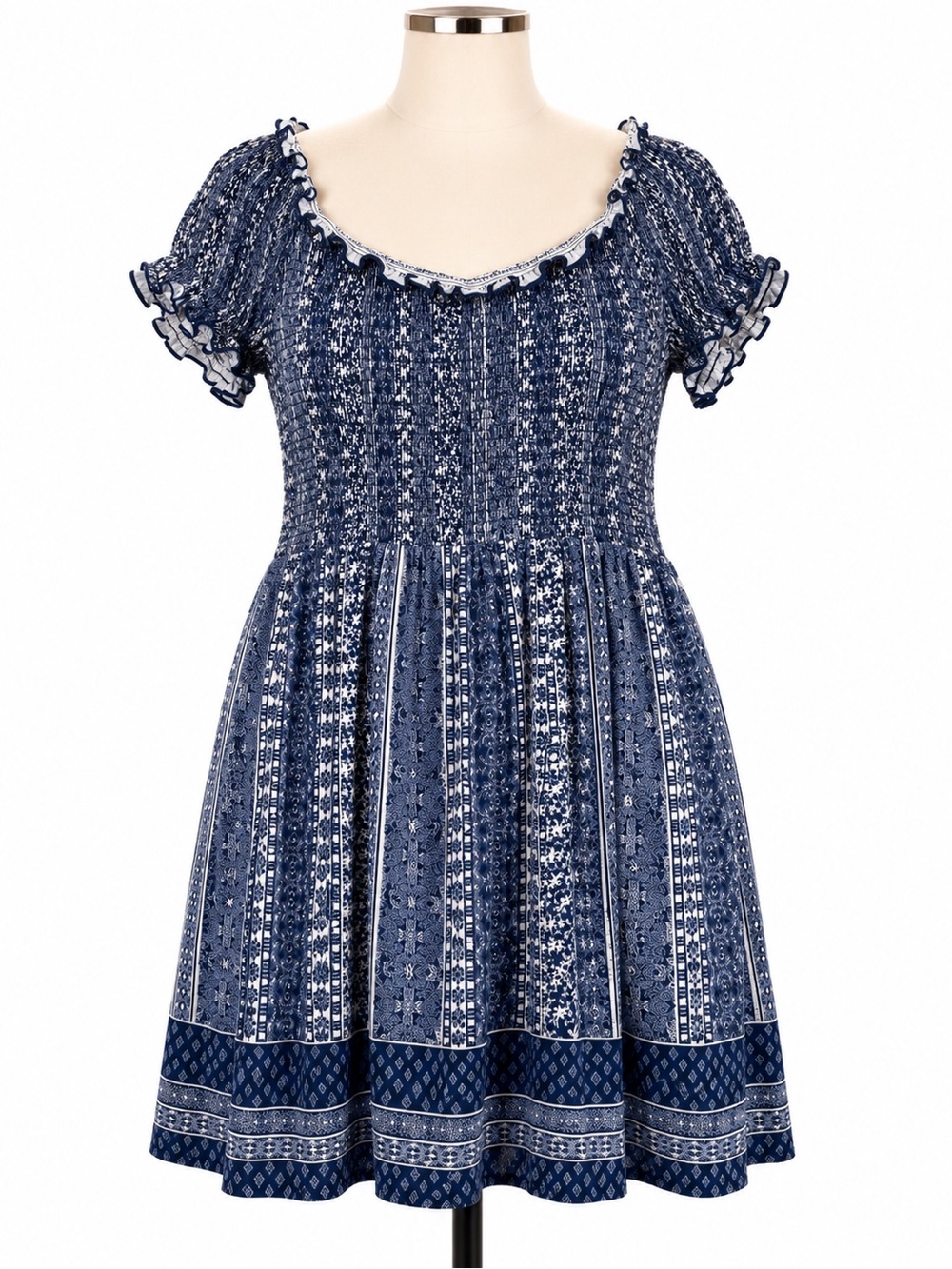 Rue+ Off-Shoulder Navy Blue Printed Smocked Mini Dress 3X